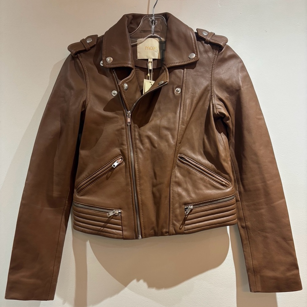 Maje Basalt camel Leather moto Jacket size 36